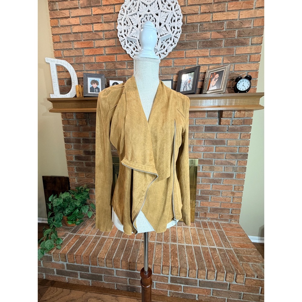 Blank NYC Moto Jacket Women Camel Tan Faux Suede Draped Asymmetrical Zip S